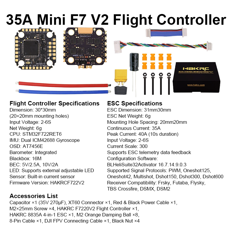 High Performance Mini Flight Controller Stack F722 Flight Controller with Integrating 5V/10V Dual BEC 35A 6S 4in1 ESC for FPV Racing Drones Parts