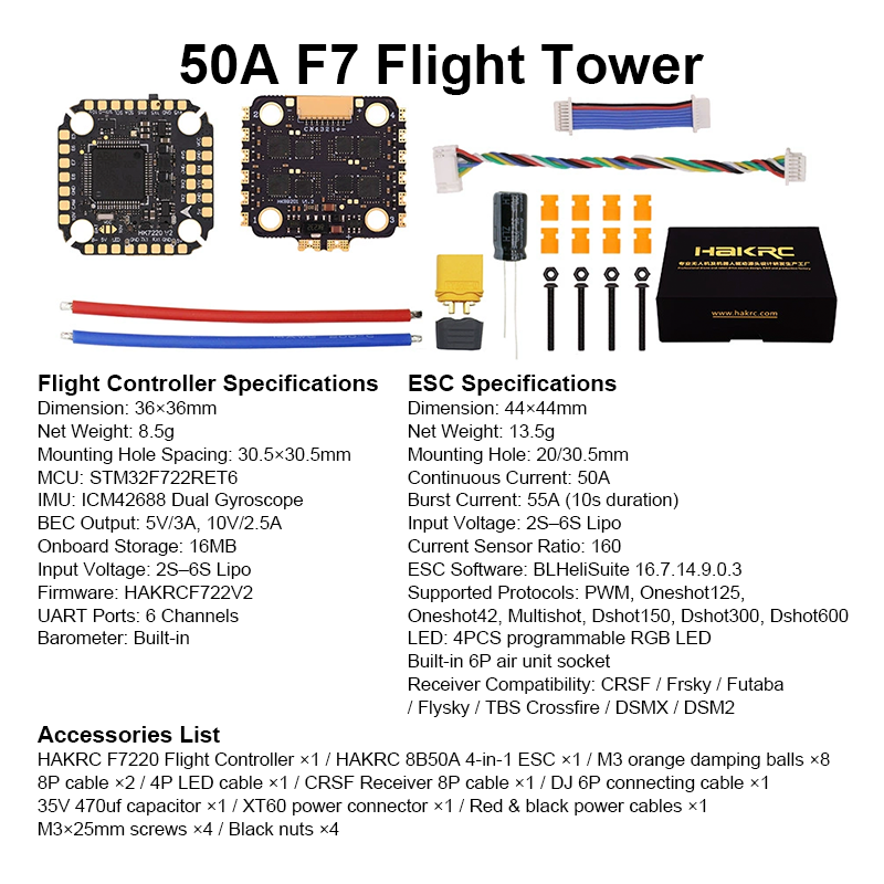 F722 Flight Controller with Integrating 5V/10V Dual BEC 50A 4in1 ESC Brushless ESC Mini Flight Controller Stack for FPV Racing Freestyle Drone Parts