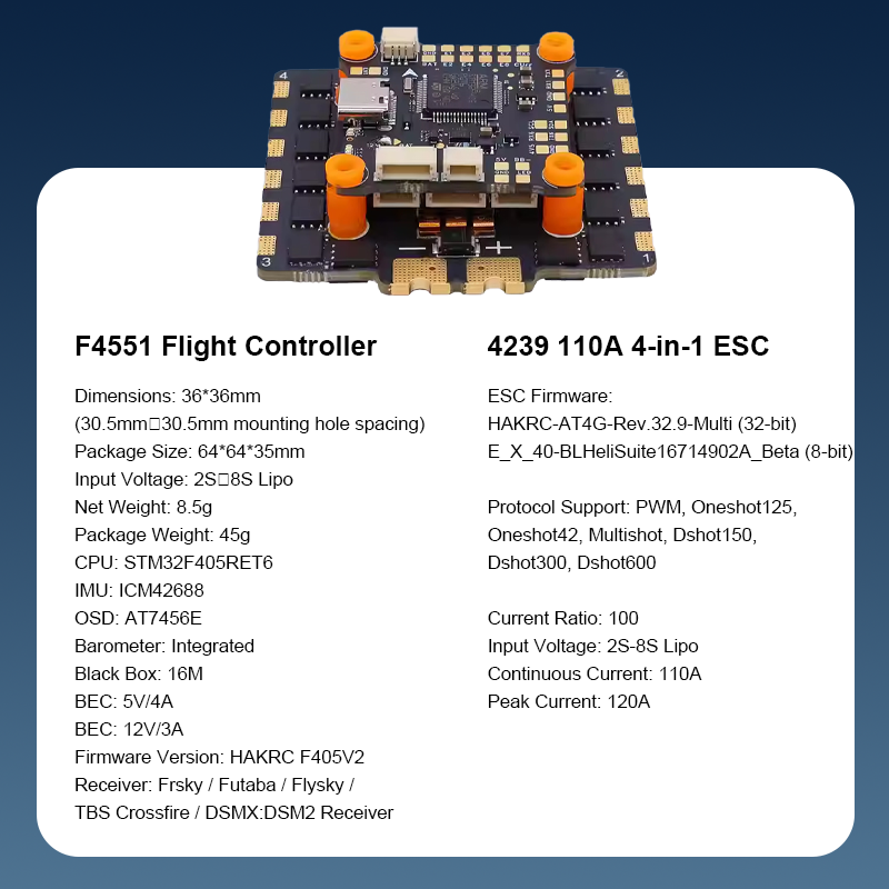 High Performance F405 Flight Controller with Integrating 5V/12V Dual BEC 110A 8S 4in1 ESC Mini Flight Controller Stack for FPV Racing Drones Parts