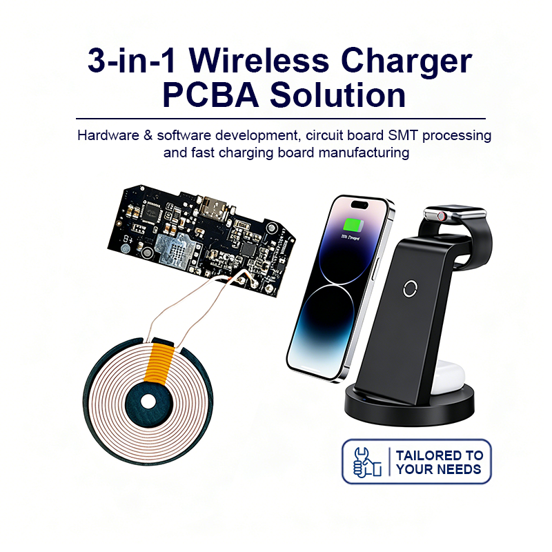 3-in-1 Wireless Charger PCBA – Multi‑Device Fast Charging for Phone, Earbuds & Smartwatch with Qi-Certified Coils & Foreign Object Detection