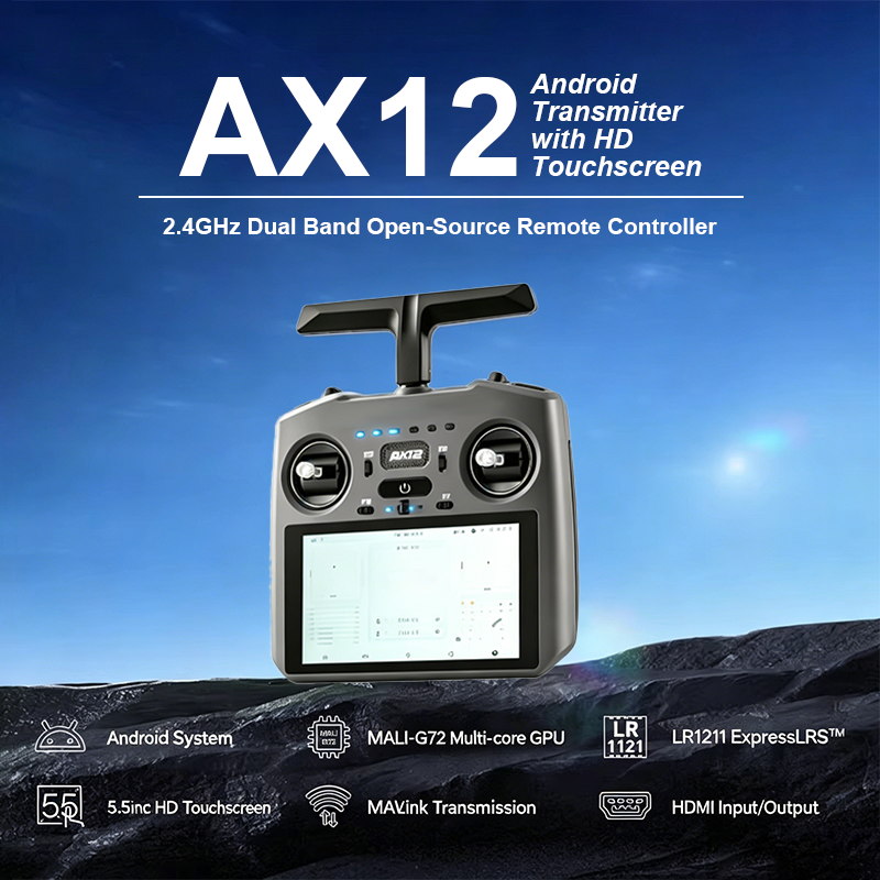 AX12 Android RC Transmitter – 64‑Bit Octa‑Core Controller with 4GB RAM, 64GB Storage, 5.5″ HD Touchscreen, Built‑in ExpressLRS, X5 Hall Gimbals & 10000mAh Battery – Premium Upgrade from Radiomaster Pocket / Radiomaster Boxer