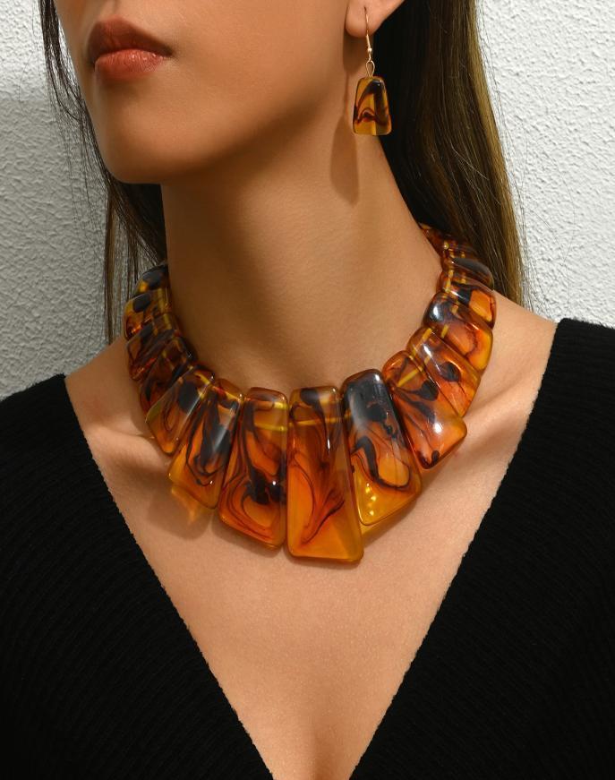 Moda vintage personalità esagerata resina unica turchese clavicola catena orecchini set squisito