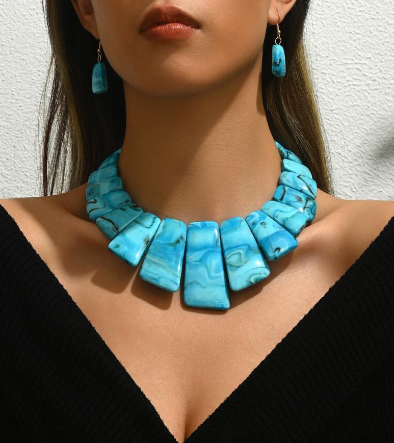 Moda vintage personalità esagerata resina unica turchese clavicola catena orecchini set squisito
