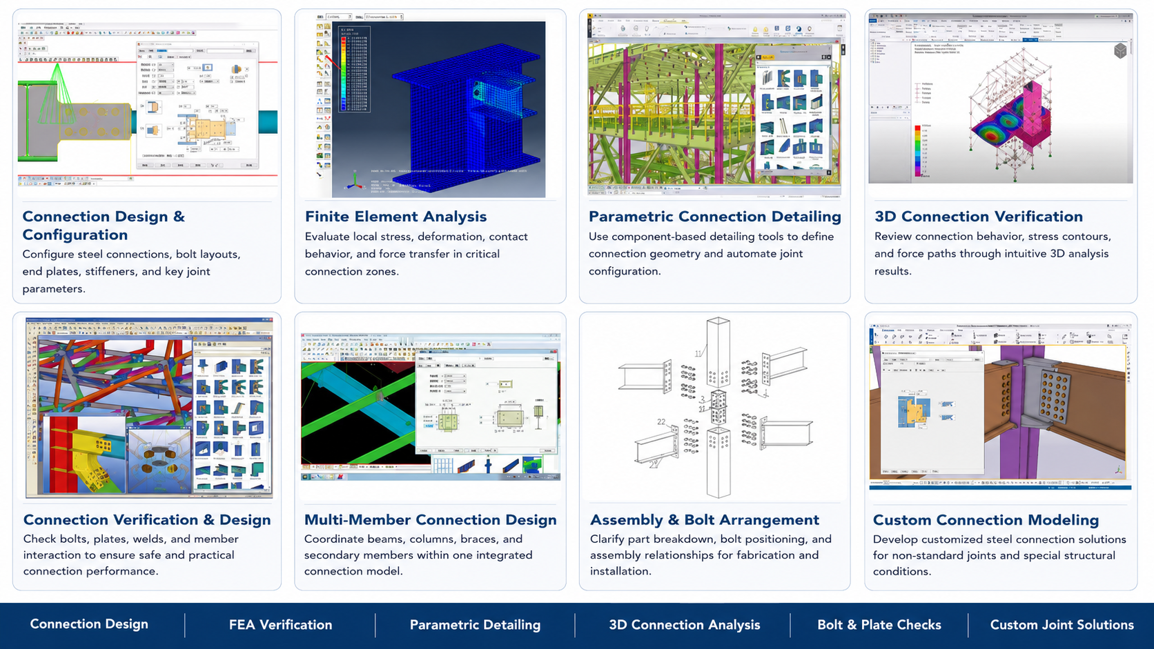 Connection detailing capabilities: connection design, finite element analysis, parametric detailing, 3D connection verification, bolt arrangement and custom joint modeling