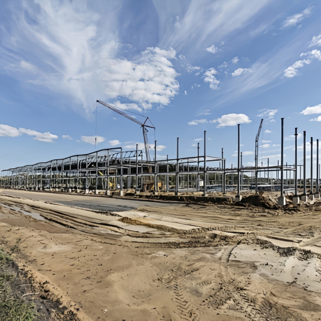 Long-span steel frame industrial building under construction with columns, roof beams, and crane installation