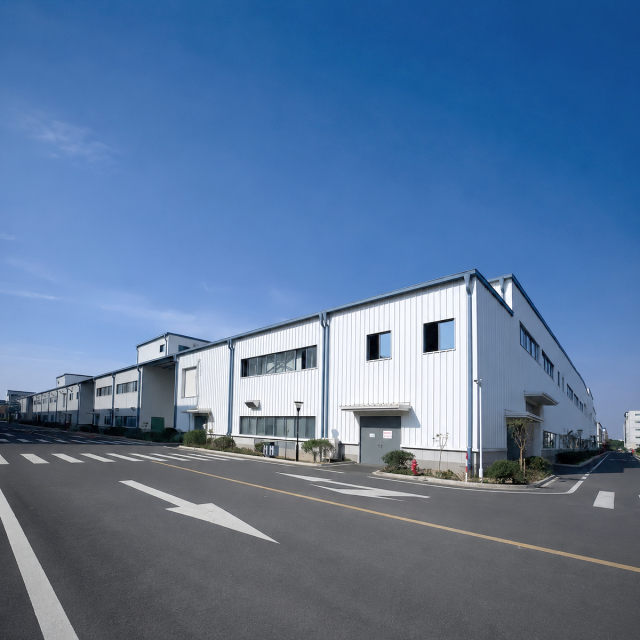 Exterior view of completed prefabricated steel industrial buildings with metal cladding and internal access roads
