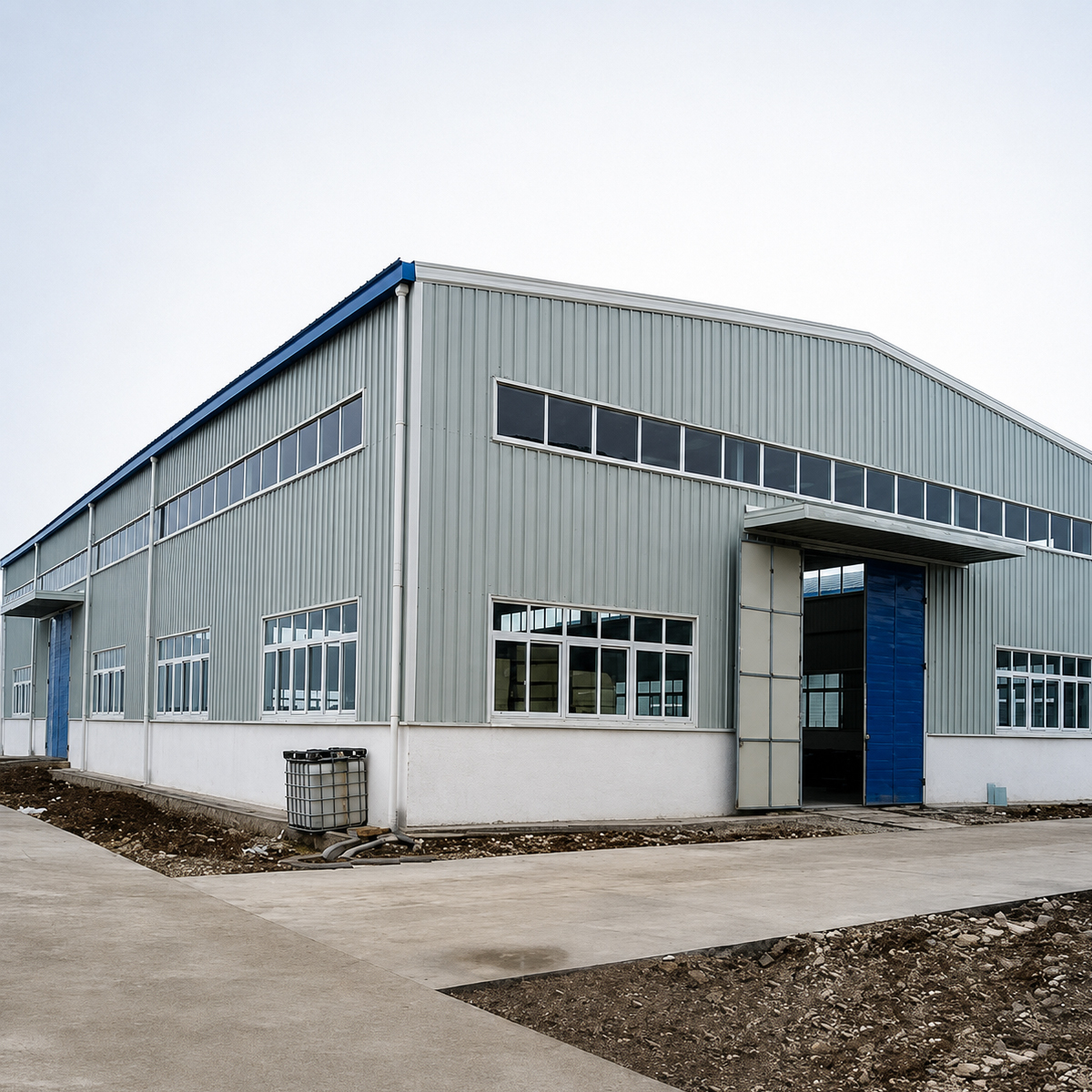 Prefabricated steel workshop building with metal cladding, large windows, and an industrial entrance