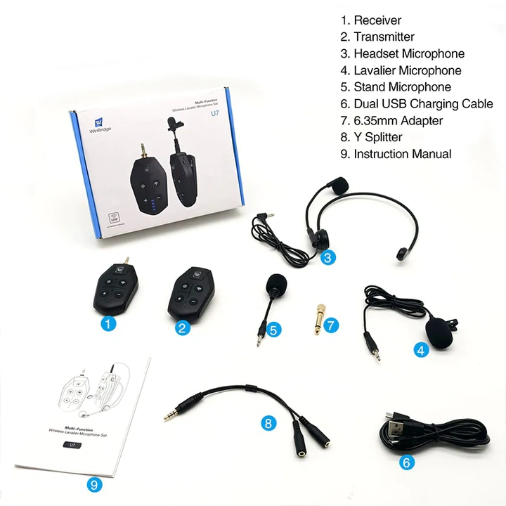 U7 UHF Wireless Microphone System – 3-in-1 Lapel, Headset & Stand Mic with 100ft Range | WinBridge