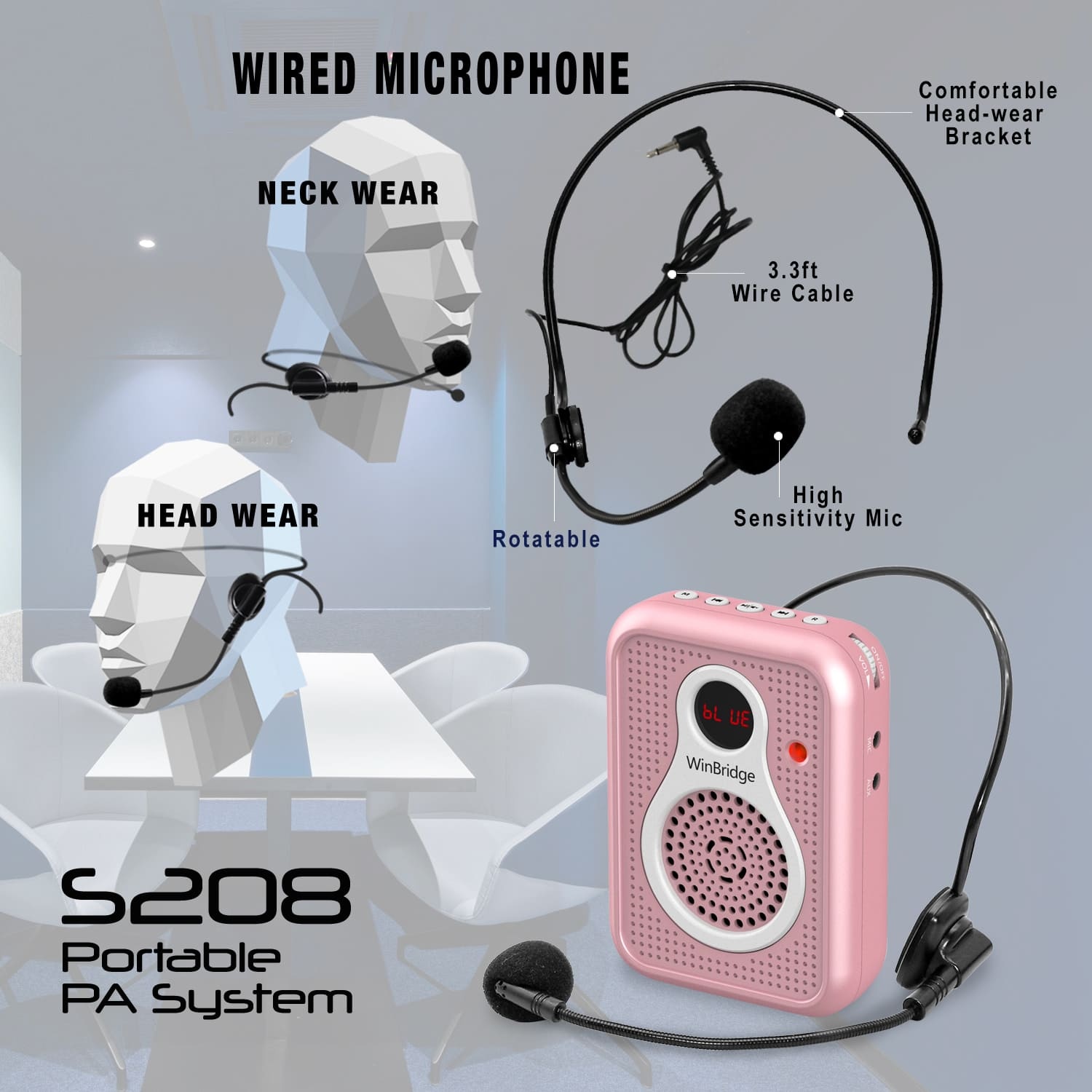 S208 10W Mini Voice Amplifier – Portable Rechargeable PA System with Wired Headset | WinBridge