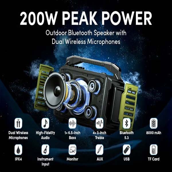K600 200W Portable Bluetooth Party Speaker with Dual Wireless Microphones – Professional PA & Karaoke System for Events, Outdoor & Home | WinBridge
