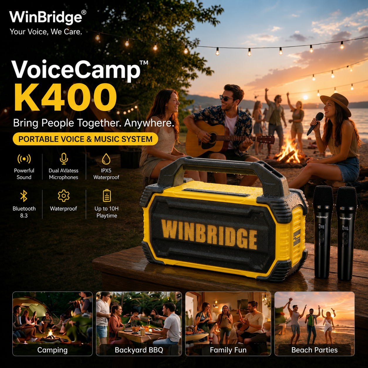 K400 150W Waterproof Portable PA System with Dual Wireless Microphones | WinBridge