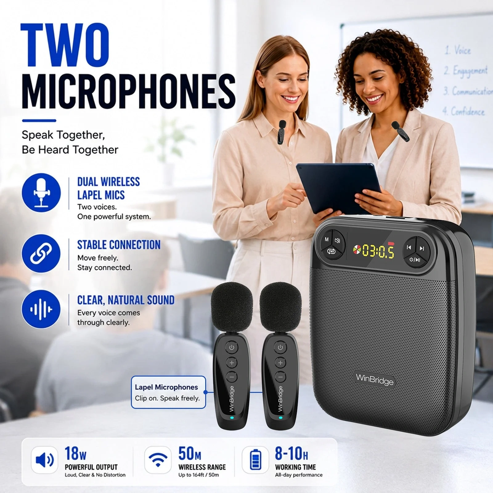 WB004 Wireless Voice Amplifier with 2 Wireless Lapel Microphones | WinBridge