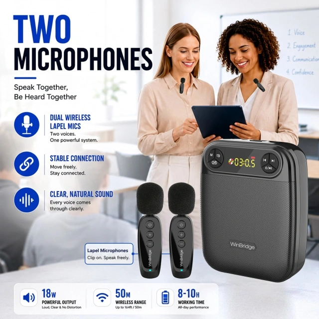 WB004 Wireless Voice Amplifier with 2 Wireless Lapel Microphones | WinBridge