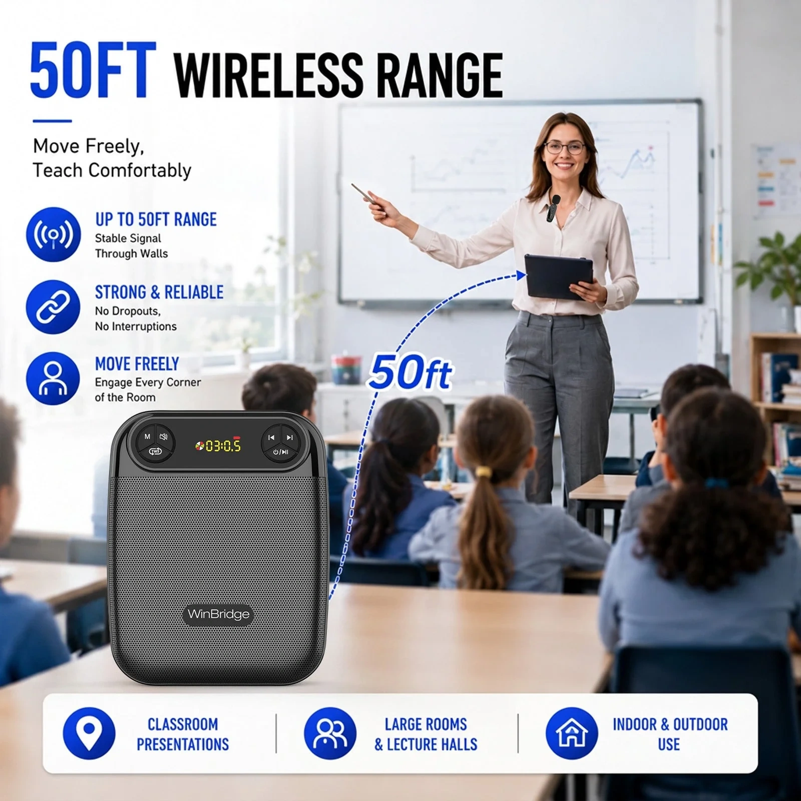 WB004 Wireless Voice Amplifier with 2 Wireless Lapel Microphones | WinBridge