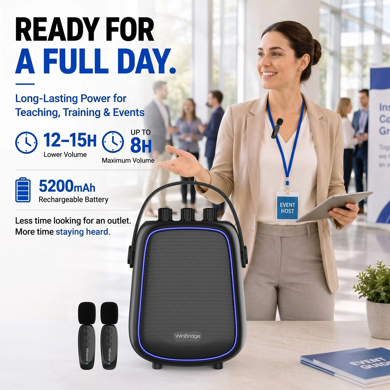 WB100 VoiceFree™ 36W Portable PA System with 2 Wireless Lavalier Microphones | WinBridge