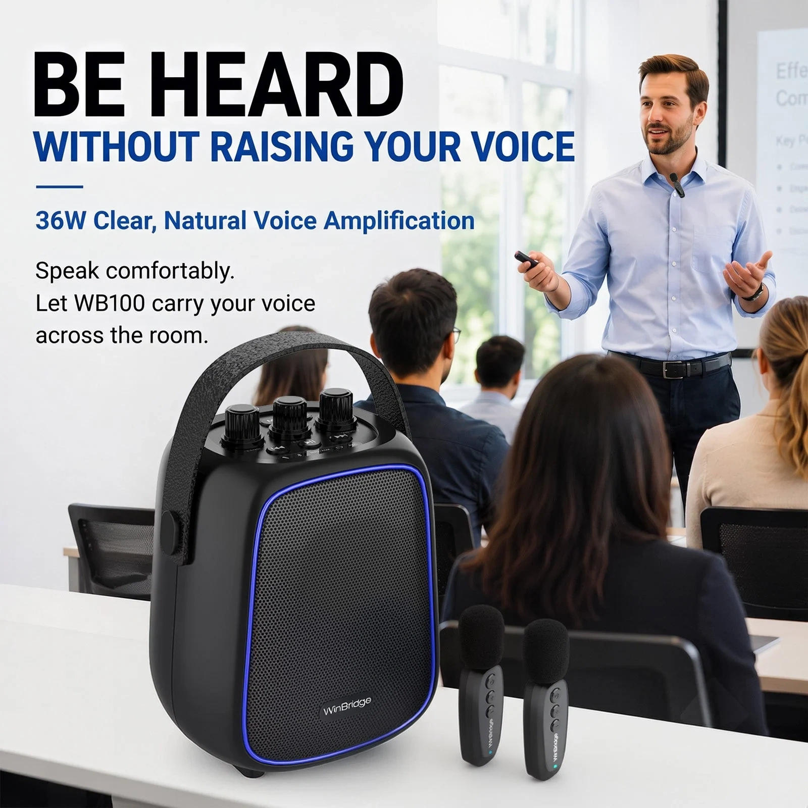 WB100 VoiceFree™ 36W Portable PA System with 2 Wireless Lavalier Microphones | WinBridge