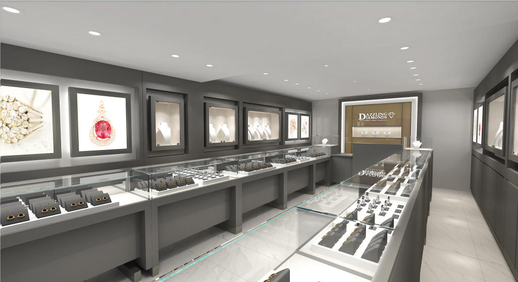 Jewelry store 3D rendering with glass display cases and wall cabinets