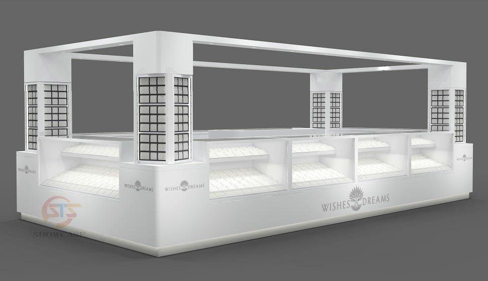 Custom White Mall Jewelry Kiosk | Modern Grid Design Corner Jewelry Display Counter For Shopping Center Retail,Bestyledisplay,Custom White Mall Jewelry Kiosk | Modern Grid Design Corner Jewelry Display Counter For Shopping Center Retail