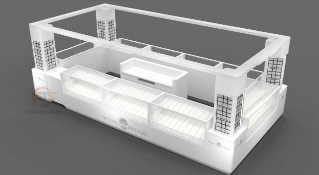 Custom White Mall Jewelry Kiosk | Modern Grid Design Corner Jewelry Display Counter For Shopping Center Retail,Bestyledisplay,Custom White Mall Jewelry Kiosk | Modern Grid Design Corner Jewelry Display Counter For Shopping Center Retail