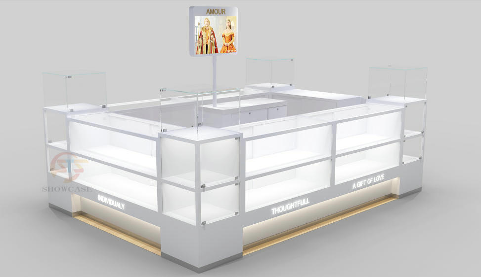 Custom White Wooden Jewelry Kiosk Mall Jewelry Display Showcase with LED Light & Glass Jewellery Cabinet,Bestyledisplay,Custom White Wooden Jewelry Kiosk Mall Jewelry Display Showcase with LED Light & Glass Jewellery Cabinet