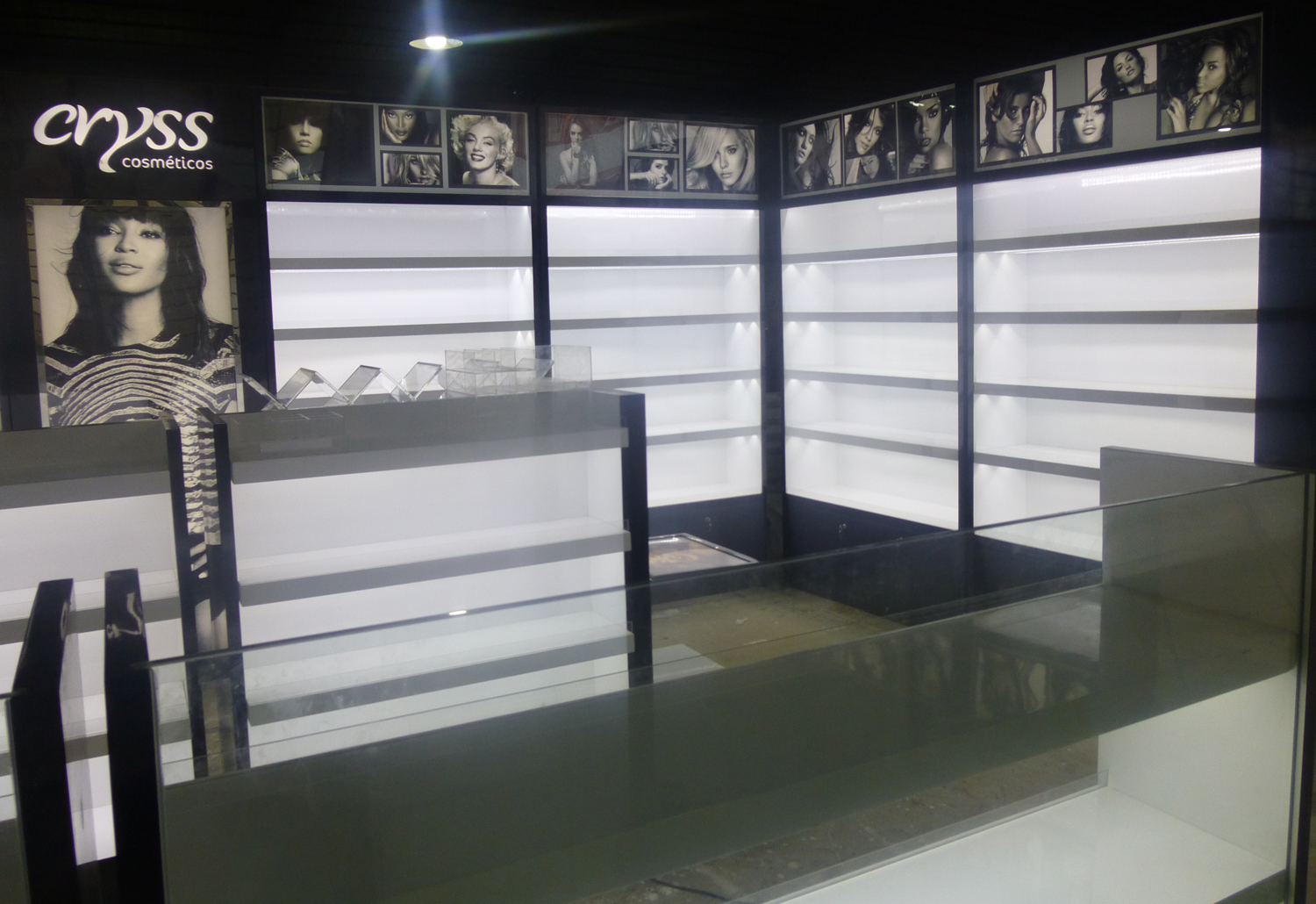 Factory production photo of CRSS cosmetic shop display cabinets, custom retail fixtures