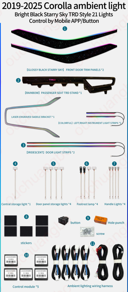 Ouchuangbo Backlight Ambient Light Kit for 2019-2024 Corolla Levin Ralink Allion Lingshang Lamp environment  Car Interior Atmosphere light