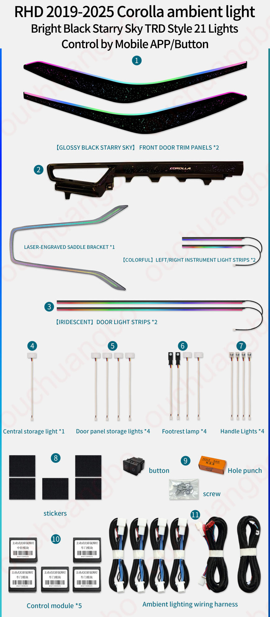 Ouchuangbo Backlight Ambient Light Kit for 2019-2024 Corolla Levin Ralink Allion Lingshang Lamp environment  Car Interior Atmosphere light