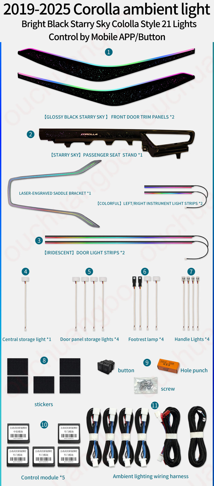 Ouchuangbo Backlight Ambient Light Kit for 2019-2024 Corolla Levin Ralink Allion Lingshang Lamp environment  Car Interior Atmosphere light