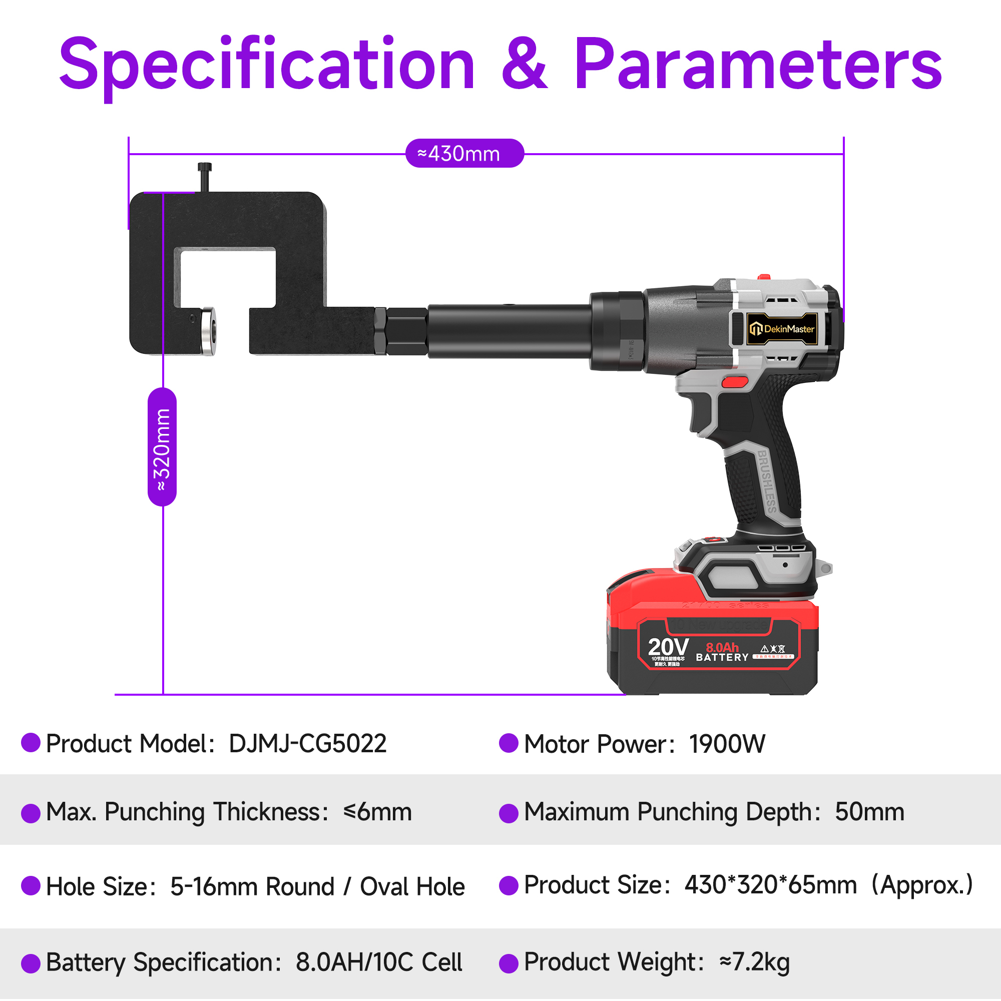 [Throat Depth 50mm] 5320 Cordless Puncher for Side Drilling of C‑Sections / Purlins,DEJIN MASTER,[Throat Depth 50mm] 5320 Cordless Puncher for Side Drilling of C‑Sections / Purlins