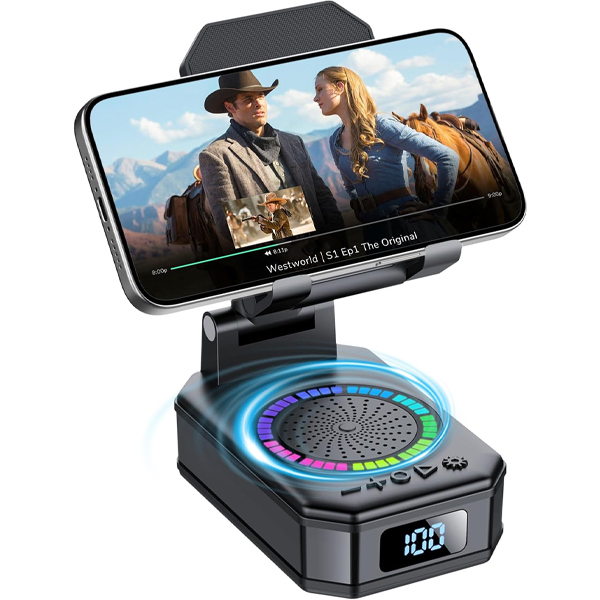 Gifts for Men Women, Cell Phone Stand with Wireless Bluetooth Speaker and Colorful LED Lights, Anti-Slip Base HD Surround Sound, Rechargeable (3000mAh), Home and Outdoors Bluetooth Speaker