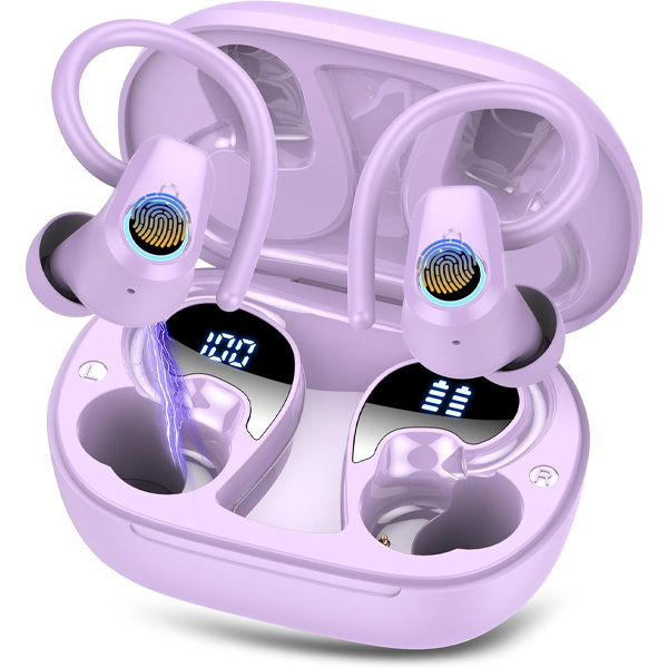 Wireless Earbuds, Bluetooth 5.3 Headphones with 4 ENC Noise Canceling Mic, 50H Stereo Dual LED Display Ear Buds, Sport Wireless Earphones with Earhooks, IP7 Waterproof Wireless Headphones Gym
