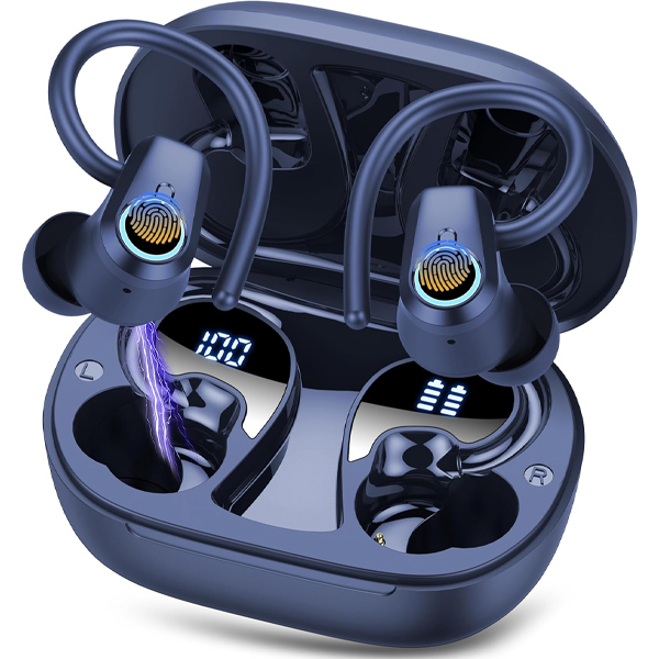Wireless Earbuds, Bluetooth 5.3 Headphones with 4 ENC Noise Canceling Mic, 50H Stereo Dual LED Display Ear Buds, Sport Wireless Earphones with Earhooks, IP7 Waterproof Wireless Headphones Gym