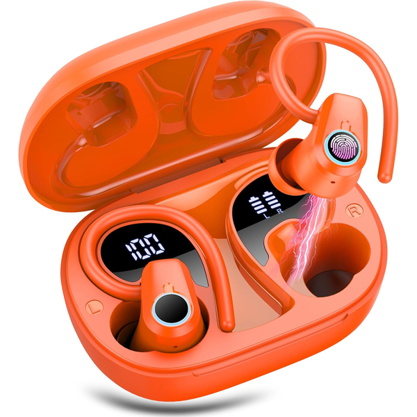 Wireless Earbuds, Bluetooth 5.3 Headphones with 4 ENC Noise Canceling Mic, 50H Stereo Dual LED Display Ear Buds, Sport Wireless Earphones with Earhooks, IP7 Waterproof Wireless Headphones Gym