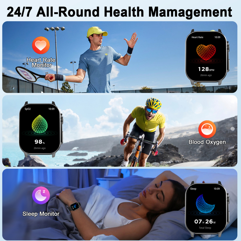 Smart Watch for Men, 2.01" AMOLED Curved HD Screen Smart Watch, Fitness Tracker with 24/7 Heart Rate/Sleep Monitor, IP68 Waterproof Running Watch, Compatible with iOS & Android for Daily Workout Black