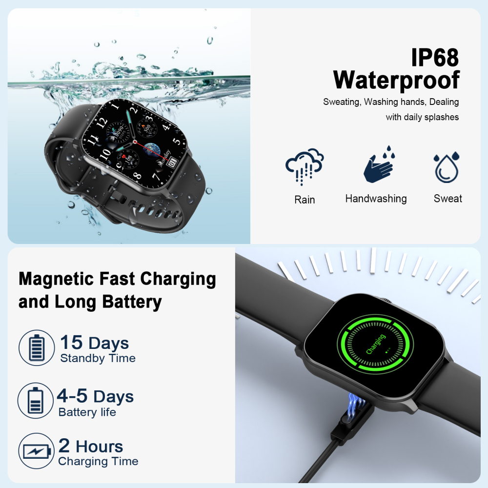 Smart Watch for Men, 2.01" AMOLED Curved HD Screen Smart Watch, Fitness Tracker with 24/7 Heart Rate/Sleep Monitor, IP68 Waterproof Running Watch, Compatible with iOS & Android for Daily Workout Black