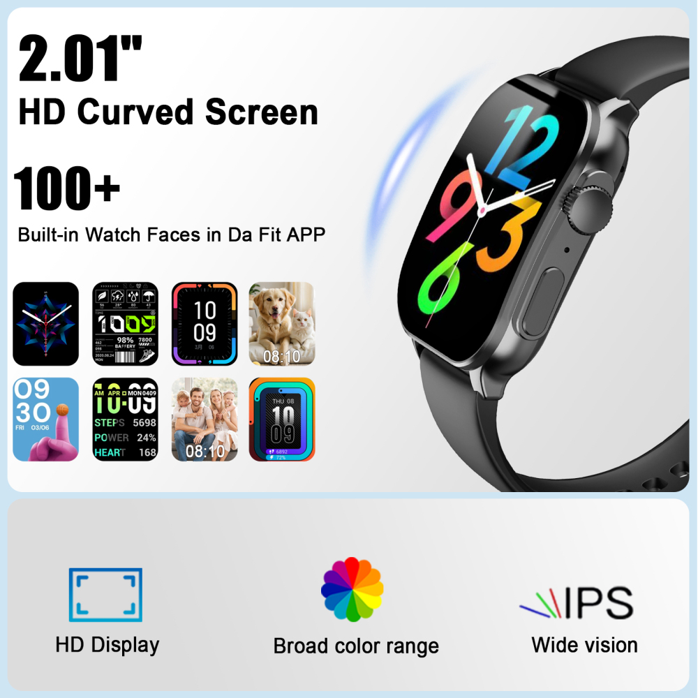 Smart Watch for Men, 2.01" AMOLED Curved HD Screen Smart Watch, Fitness Tracker with 24/7 Heart Rate/Sleep Monitor, IP68 Waterproof Running Watch, Compatible with iOS & Android for Daily Workout Black