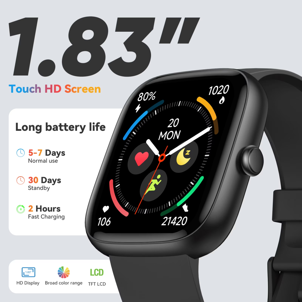 Cillso Mens Smart Watch for Android & iPhone, 1.83" Touchscreen Fitness Watch, 100+ Sports Modes, IP68 Waterproof Smartwatch with Bluetooth Call, Black