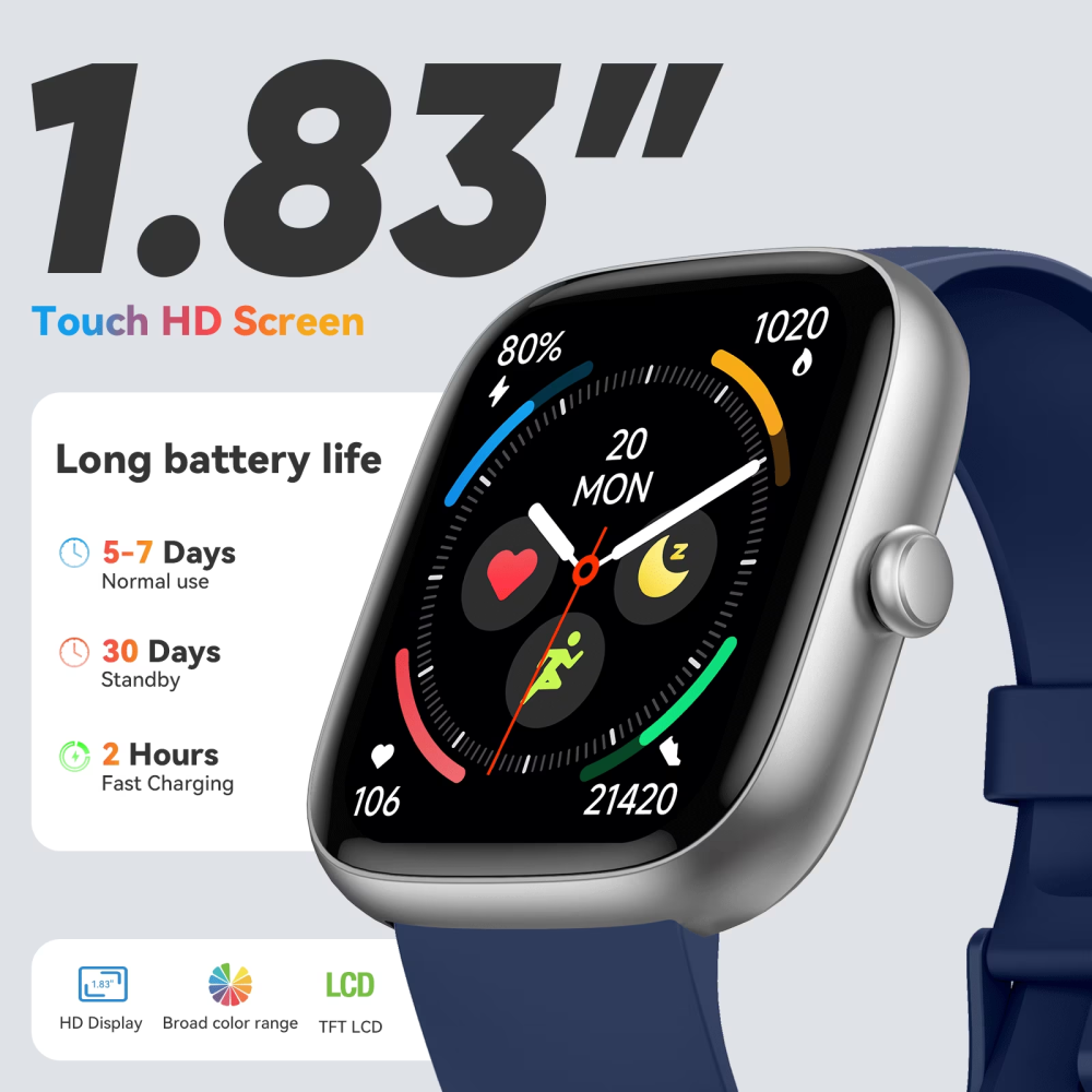 Smart Watches for Men Women (Answer/Make Calls), 1.83" Touchscreen Fitness Watch with 110+ Sport Modes, Fitness Tracker, IP68 Waterproof Smartwatch for Android Ios Blue