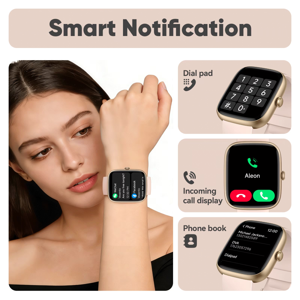 Cillso Ladies Waterproof Smart Watch, 1.83" Touchscreen Fitness Tracker for Android & iPhone with Bluetooth Call, Pink