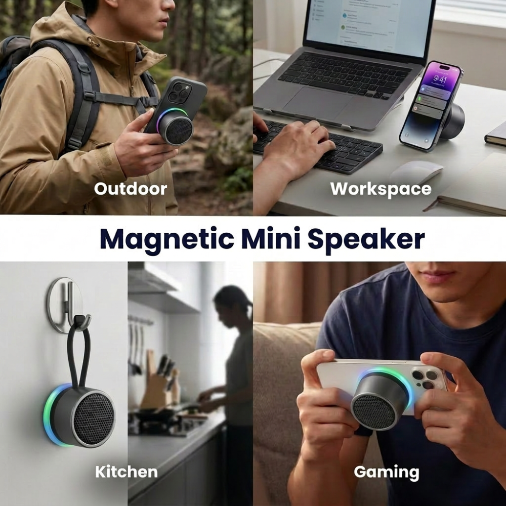 Cillso Magnetic Mini Portable Bluetooth Speaker, Bluetooth 5.4 Wireless Speaker with TWS Stereo & RGB Rhythm Lights, Splashproof Hands-Free Call Speaker for Car, Shower, Gym & Outdoor Use, Dark Gray