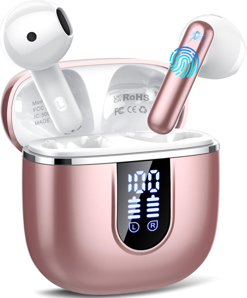 Wireless Earbuds, 2026 Bluetooth 5.4 Earphones In Ear 3D Stereo, Bluetooth Headphones with 4 ENC Noise Cancelling Mic, 40H Deep Bass IP7 Waterproof Headset Comfortable Earbuds for Work,Sport Rose