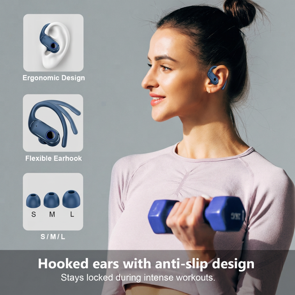 Open Ear Earbuds Active Noise Cancelling Bluetooth 6.0 Wireless Headphone, Over Ear Earphones with Adjustable Ear Hooks, 60H Playtime & LED Digital Display, IPX7 Waterproof Ear buds for Workout, Gym
