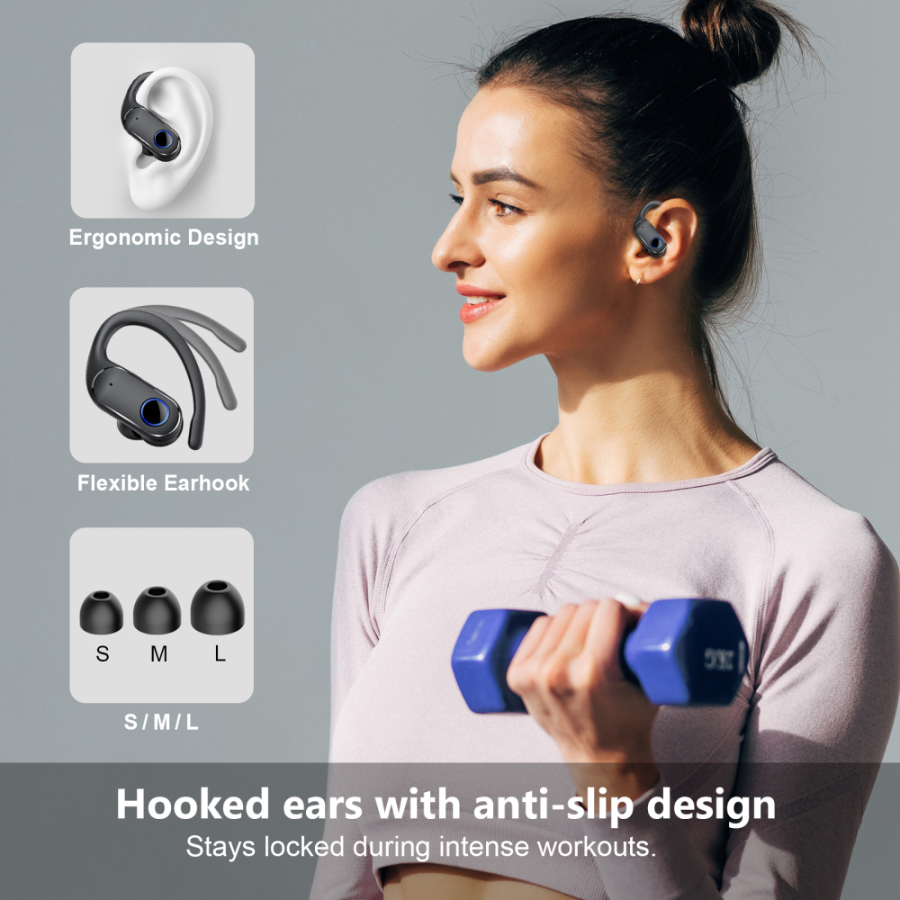 Open Ear Earbuds Active Noise Cancelling Bluetooth 6.0 Wireless Headphone, Over Ear Earphones with Adjustable Ear Hooks, 60H Playtime & LED Digital Display, IPX7 Waterproof Ear buds for Workout, Gym