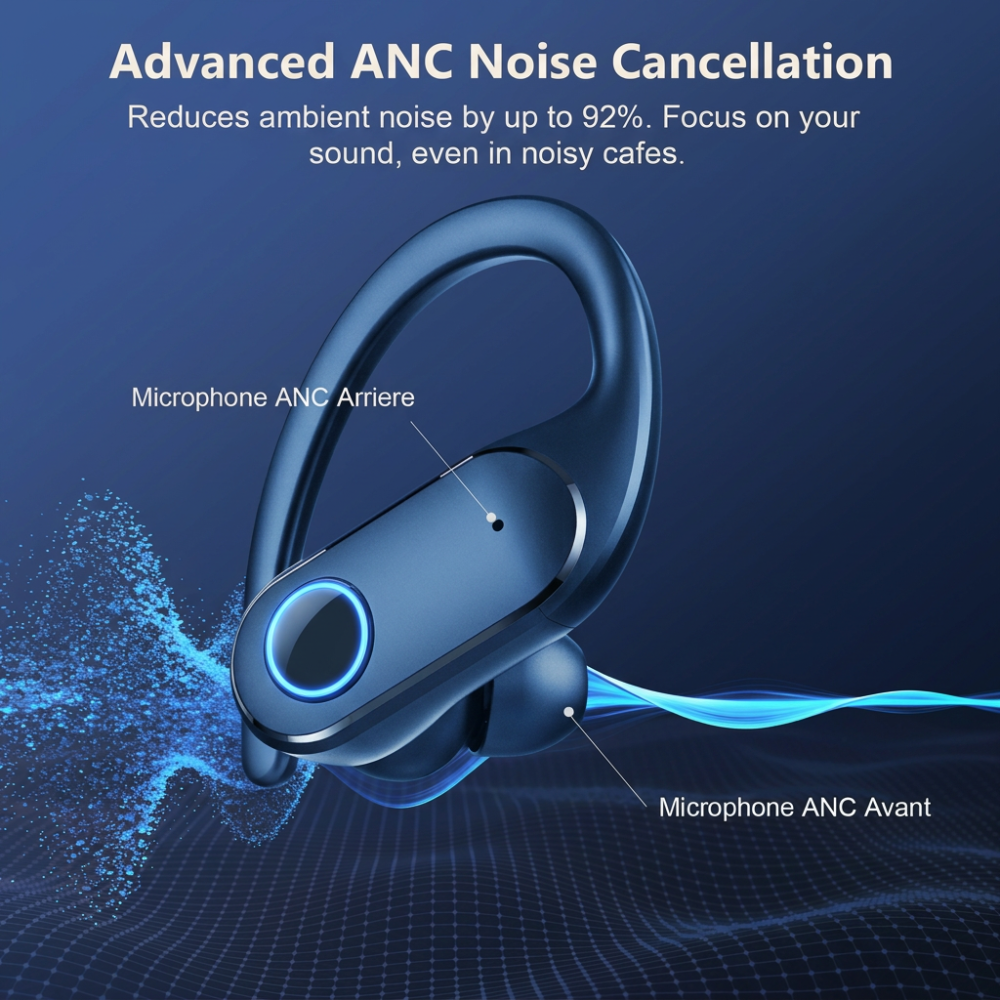 Open Ear Earbuds Active Noise Cancelling Bluetooth 6.0 Wireless Headphone, Over Ear Earphones with Adjustable Ear Hooks, 60H Playtime & LED Digital Display, IPX7 Waterproof Ear buds for Workout, Gym