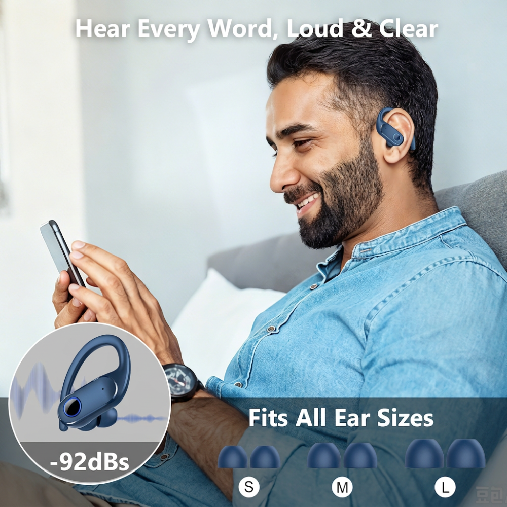 Open Ear Earbuds Active Noise Cancelling Bluetooth 6.0 Wireless Headphone, Over Ear Earphones with Adjustable Ear Hooks, 60H Playtime & LED Digital Display, IPX7 Waterproof Ear buds for Workout, Gym