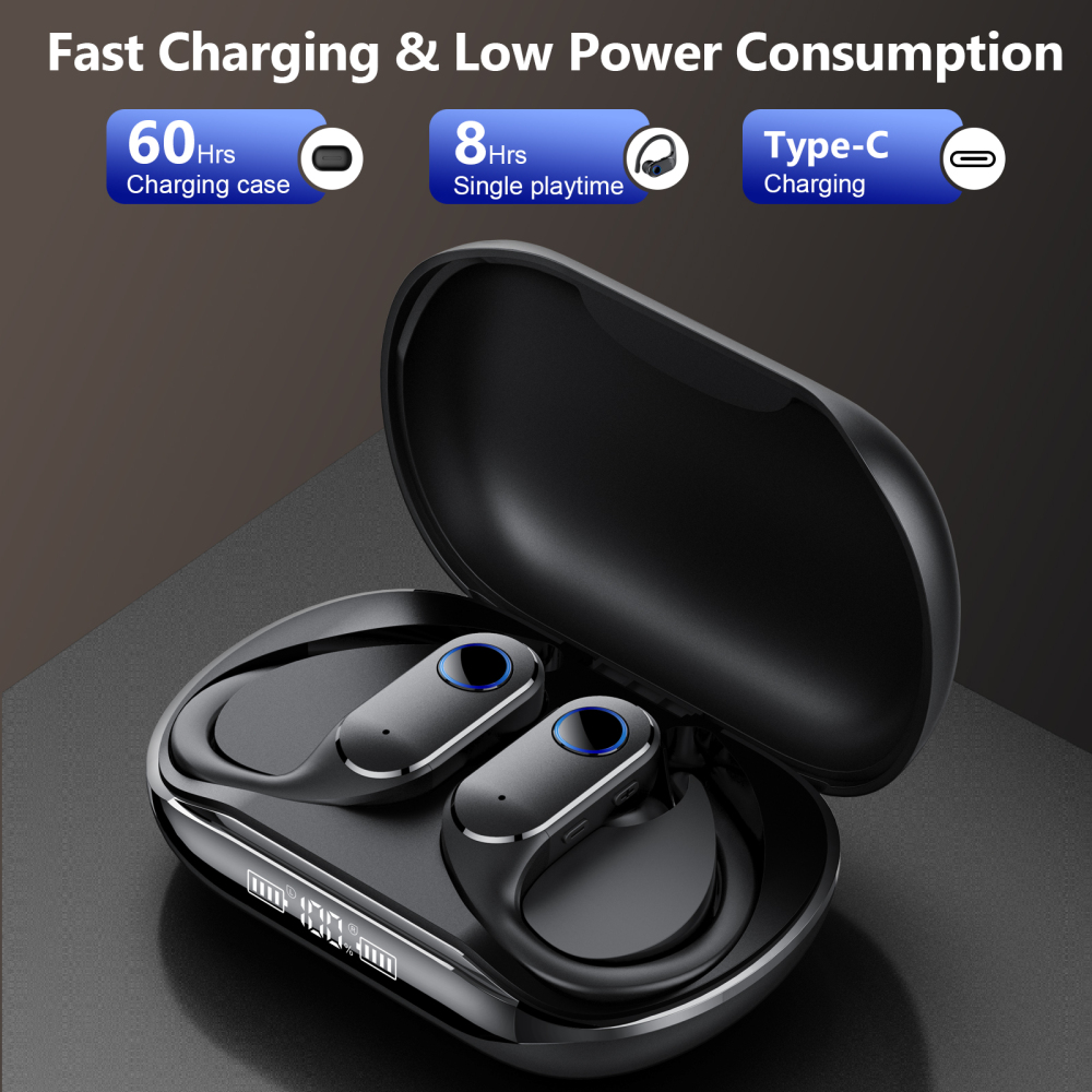 Open Ear Earbuds Active Noise Cancelling Bluetooth 6.0 Wireless Headphone, Over Ear Earphones with Adjustable Ear Hooks, 60H Playtime & LED Digital Display, IPX7 Waterproof Ear buds for Workout, Gym