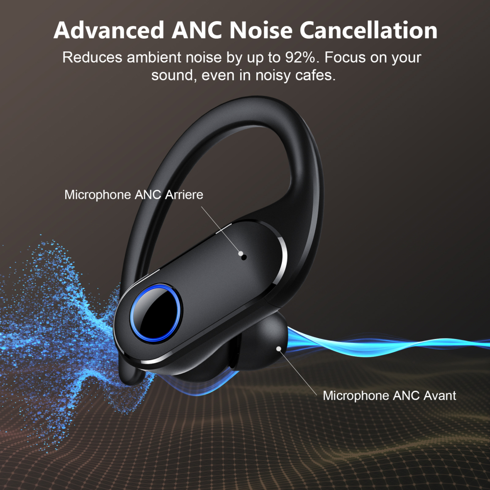 Open Ear Earbuds Active Noise Cancelling Bluetooth 6.0 Wireless Headphone, Over Ear Earphones with Adjustable Ear Hooks, 60H Playtime & LED Digital Display, IPX7 Waterproof Ear buds for Workout, Gym