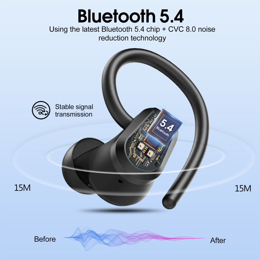 Wireless Earbuds Bluetooth 5.3 Headphones, 50H Sport Ear Buds HiFi Stereo Noise Cancelling Headphones with LED Digital Display, IP7 Waterproof Earphones for Running Workout Gym, USB-C, Black