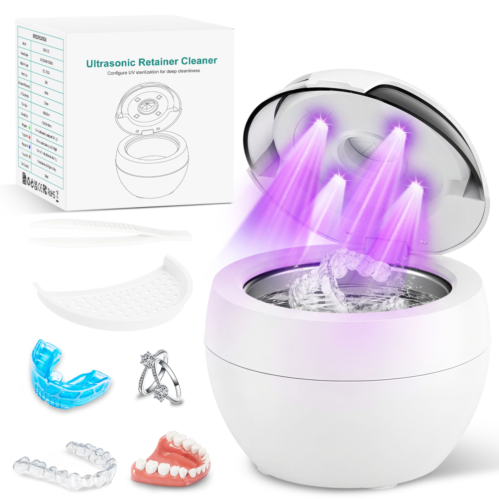 Ultrasonic Retainer Cleaner Machine, 45kHz Deep Gentle Cleaning Pod with Digital Timer, 200ML Multi-Scene Cleaning for Aligners, Dentures, Mouth Guards, Night Guards, Toothbrush Heads &Jewelry, White