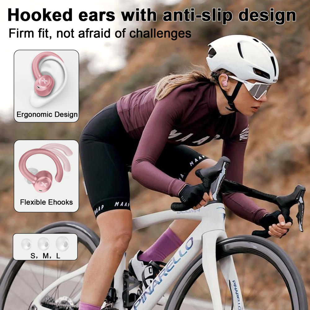 Wireless Earbuds, Bluetooth 5.4 Headphones Sport with 60H Playtime, Wireless ear buds with Deep Bass, Over Earhooks 4 ENC Noise Cancelling Mic, Earphones IP7 Waterproof, LED for Running/Gym, Pink